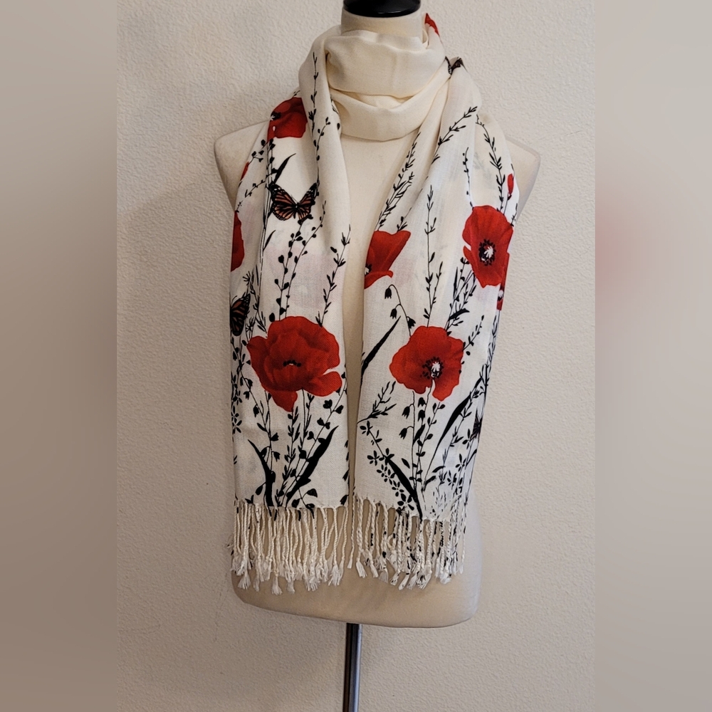 Butterfly/ Monarca/ Flowers/ Floral/ Fringe/ White & Red Rebozo, Scarf, Wrap
